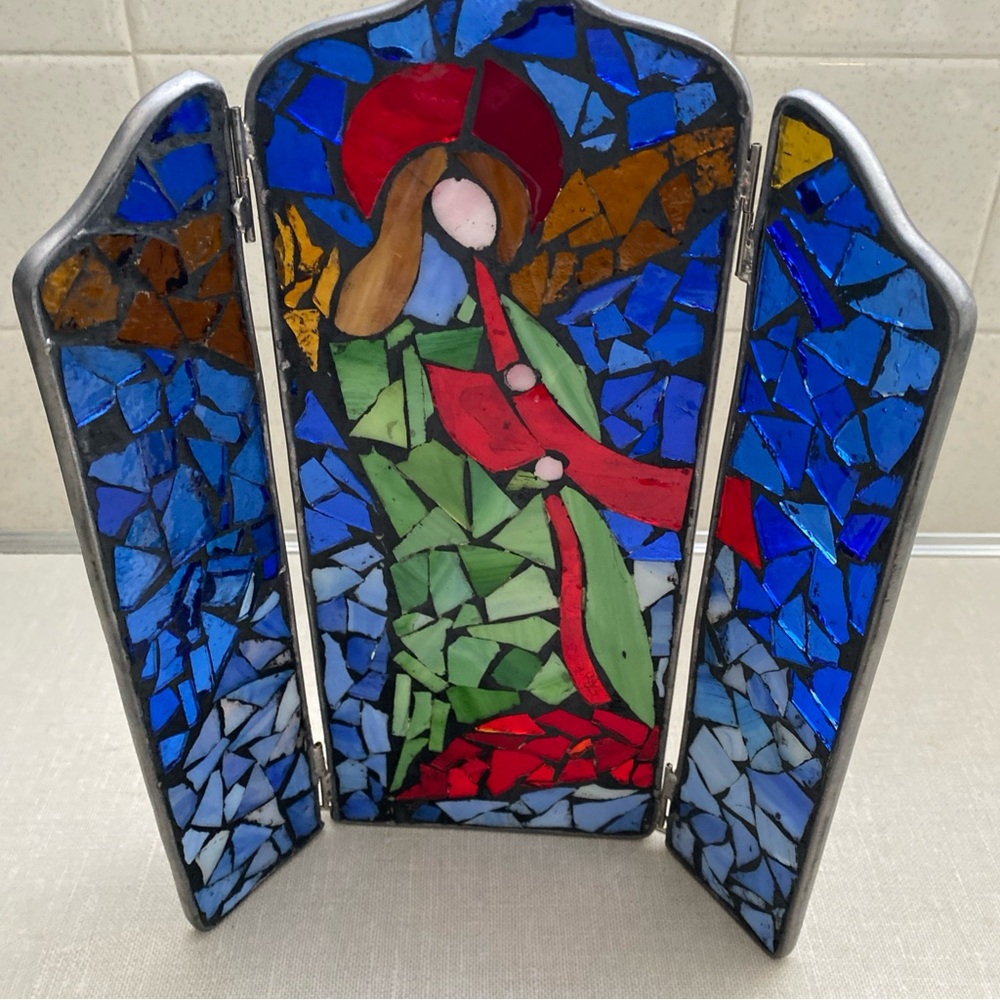 Vintage Stained Glass Mosaic Sun Catcher Tri Fold Angel Religious
